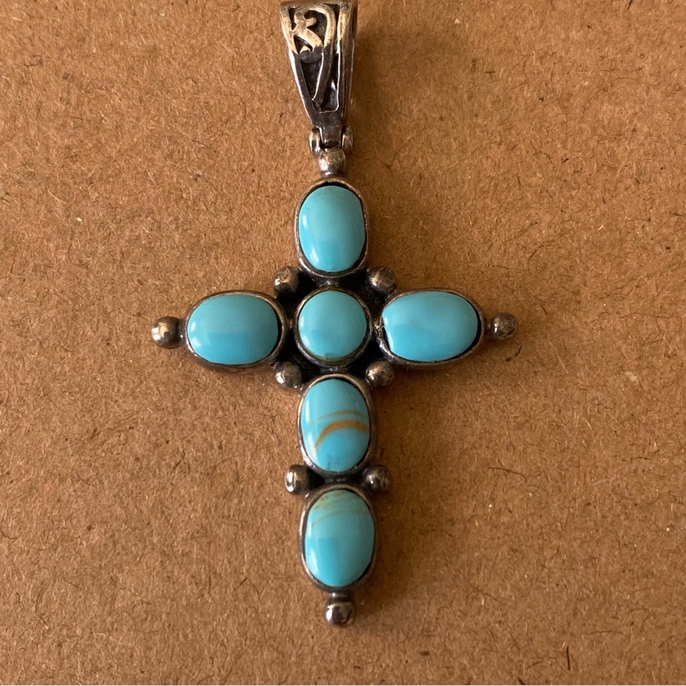 Sterling Silver Turquoise Cross Pendant Vintage Southwest Boho Artist Signed - Picture 2 of 12